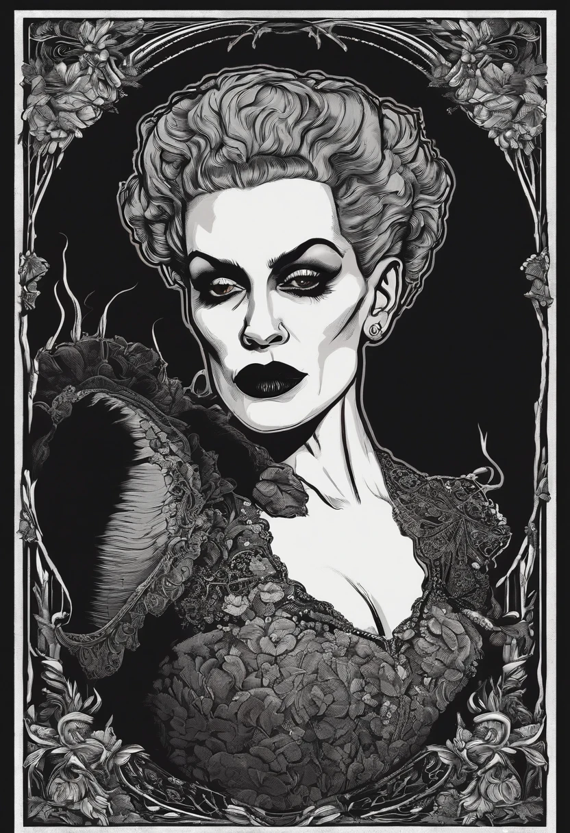/imagine prompt: bride of frankenstein llustration for a sticker with a black background, in bold outline style, jagged edges, trashcore, light shading --v 5.2