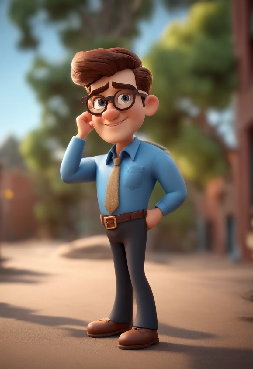 Cartoon character of a man with mustache wearing black glasses and a blue shirt, um personagem animado, Caractere estilizado, animation style rendering, 3D estilizado, Arnold Maya render, 3 d render stylized, toon render keyshot, Personagem 3D, Personagem 3D, 3d rendering stylized, 3 d character render, personagem de desenho animado, Personagem de close up, Pose de personagem, (Estilo Pixar) (master part:1.2) (Bokeh) (best quality) (pele detalhada) (textura detalhada) (8k) (argila) (Cinematic lighting) (foco nítido,Senta e vaza a parte superior do corpo