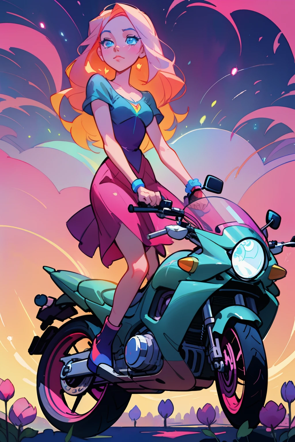 beautiful Motorcycle, watercolor illustration, inspired by Glen Keane, inspired by Lois van Baarle, disney art style, by Lois van Baarle, glowing aura around her, by Glen Keane, jen bartel, glowing lights! digital painting, beautiful digital illustration, fantasia otherworldly landscape plants flowers, beautiful, masterpiece, best quality, anime disney style