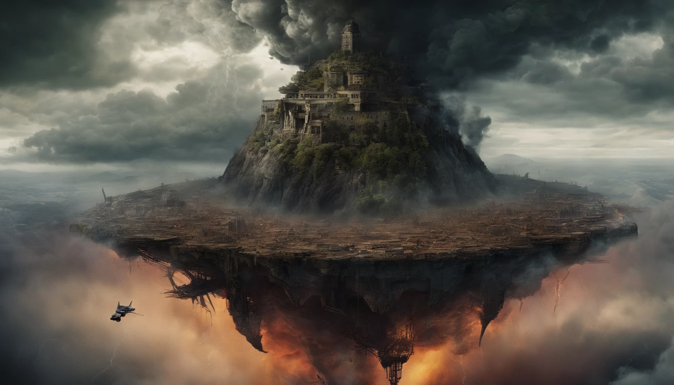 (sci-fi art:1.5), sci-fi postapocalyptic world, (a flying island:1.7), a white flying castle is located on it, (huge mechanisms spew clouds of smoke:1.3), panoramic view, clouds of smoke, storm clouds, (masterpiece), (vivid colors:1.6)