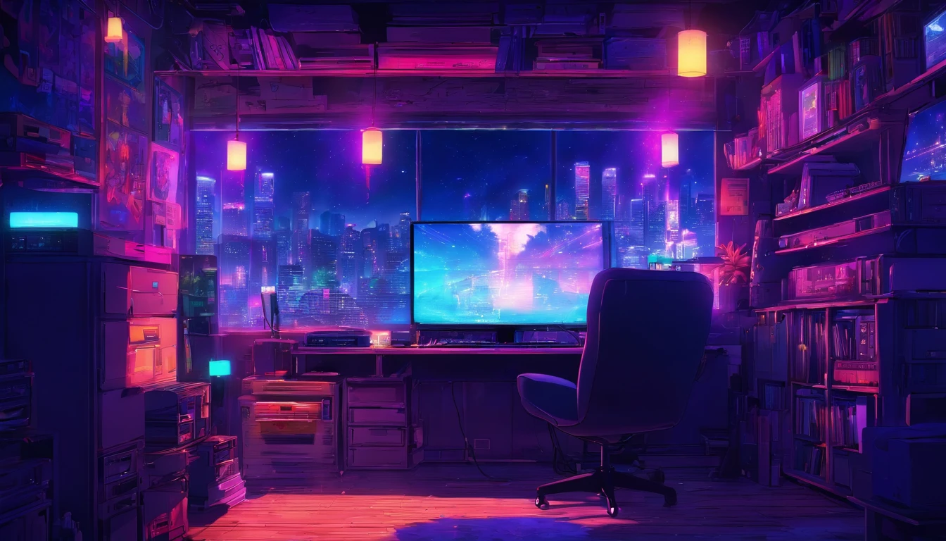 Music study room,dim room, Noche, ordenador, teclado, auricular, Monitorizar el altavoz, Small Lights, fondo, sofa, lluvia, cielo nocturno, Ciudad Nocturna, absurdos, cyberpunk, A high resolution, ultrasharp, 8k, Obra maestra