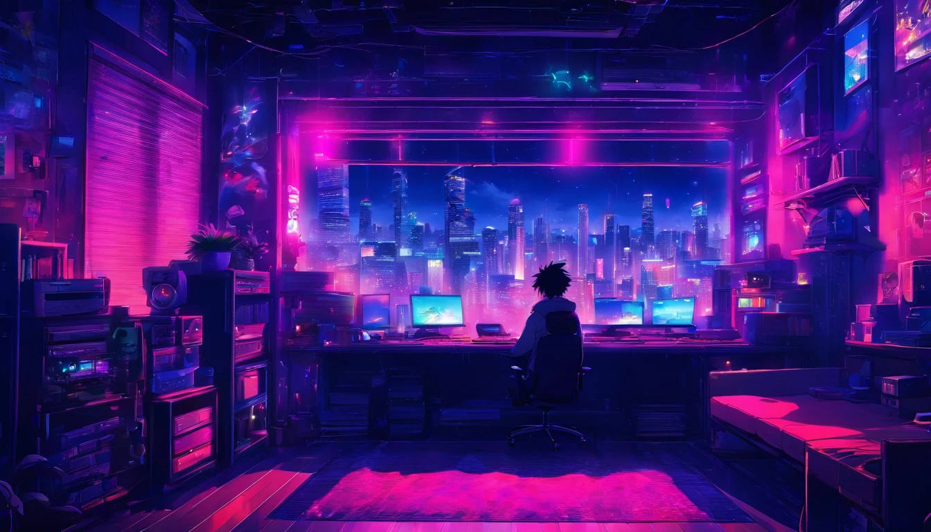 Music study room,dim room, Noche, ordenador, teclado, auricular, Monitorizar el altavoz, Small Lights, fondo, sofa, lluvia, cielo nocturno, Ciudad Nocturna, absurdos, cyberpunk, A high resolution, ultrasharp, 8k, Obra maestra