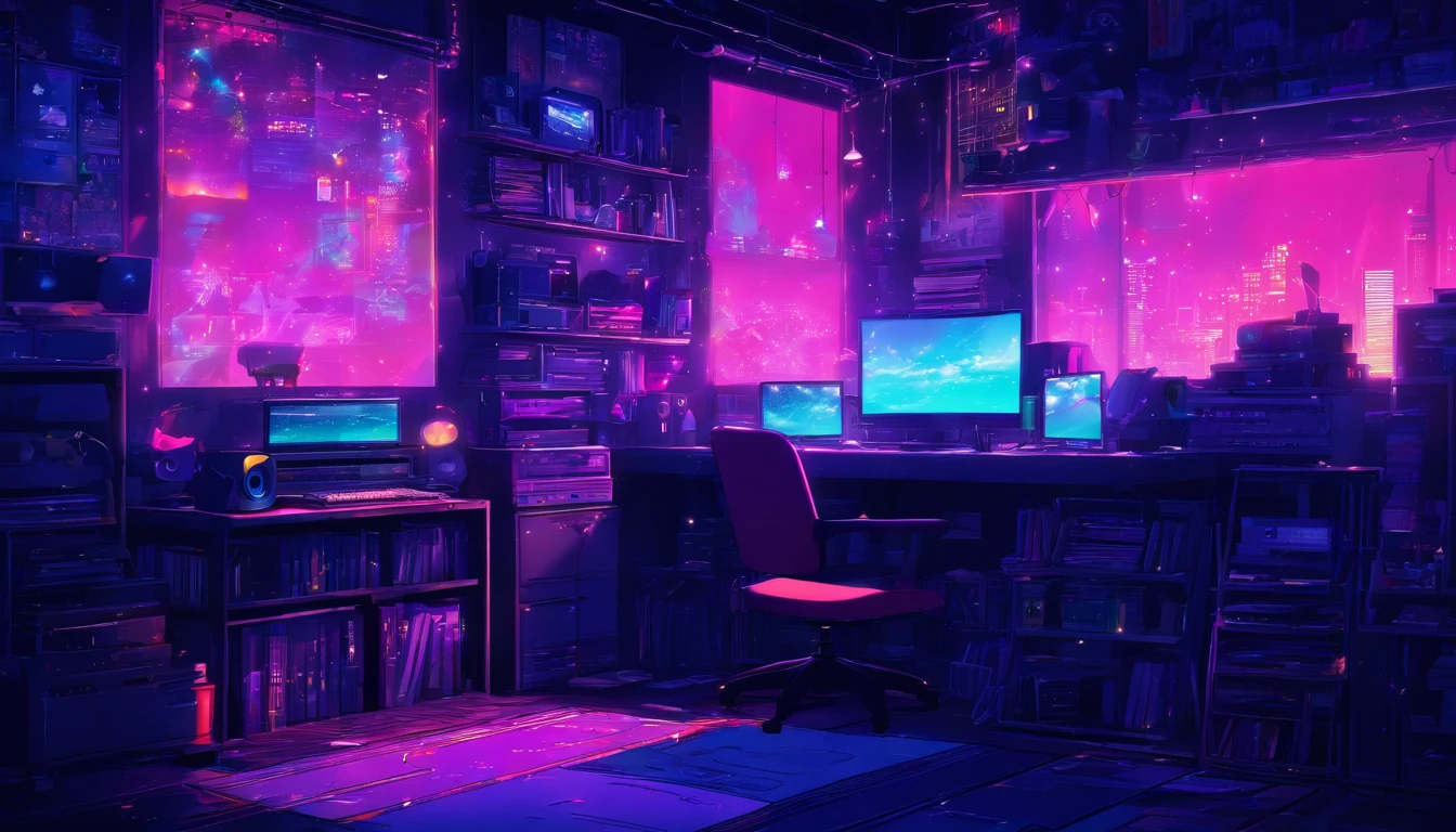 Music study room,dim room, Noche, ordenador, teclado, auricular, Monitorizar el altavoz, Small Lights, fondo, sofa, lluvia, cielo nocturno, Ciudad Nocturna, absurdos, cyberpunk, A high resolution, ultrasharp, 8k, Obra maestra