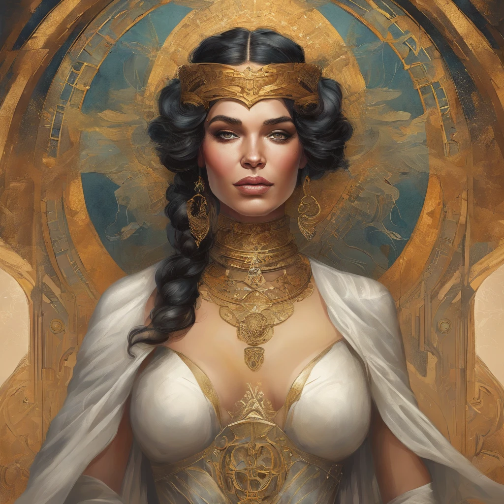 uma pintura de uma mulher com um cocar dourado e um vestido preto, Mucha Klimt e Tom Bagshaw, Bel arte UHD 4K, Arte digital altamente detalhada em 4k, exquisite digital illustration, WLOP complexo, Arte Nova! Cyberpunk! Estilo, Arte digital detalhada em 4k, mucha estilo 4k, Jen Bartel, Cyberpunk Arte Nova