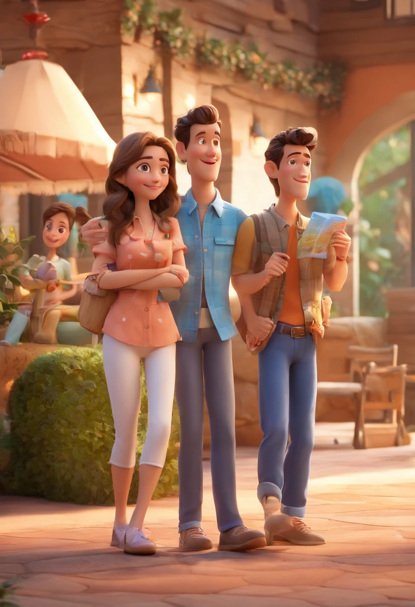 Cartoon of friends having fun on vacation together,  3D Animation Movie Poster, Poster de filme animado, pixar 3 d animation style, pixar renderman rendering, maia 8 mil, animated film, Disney Pixar Estilo 3D, amigos felizes saem juntos, all wearing light blue shirts and cream brown long pants, camisa azul clara, cream brown pants, ao ar livre, vacation, Disney Pixar Animation Poster