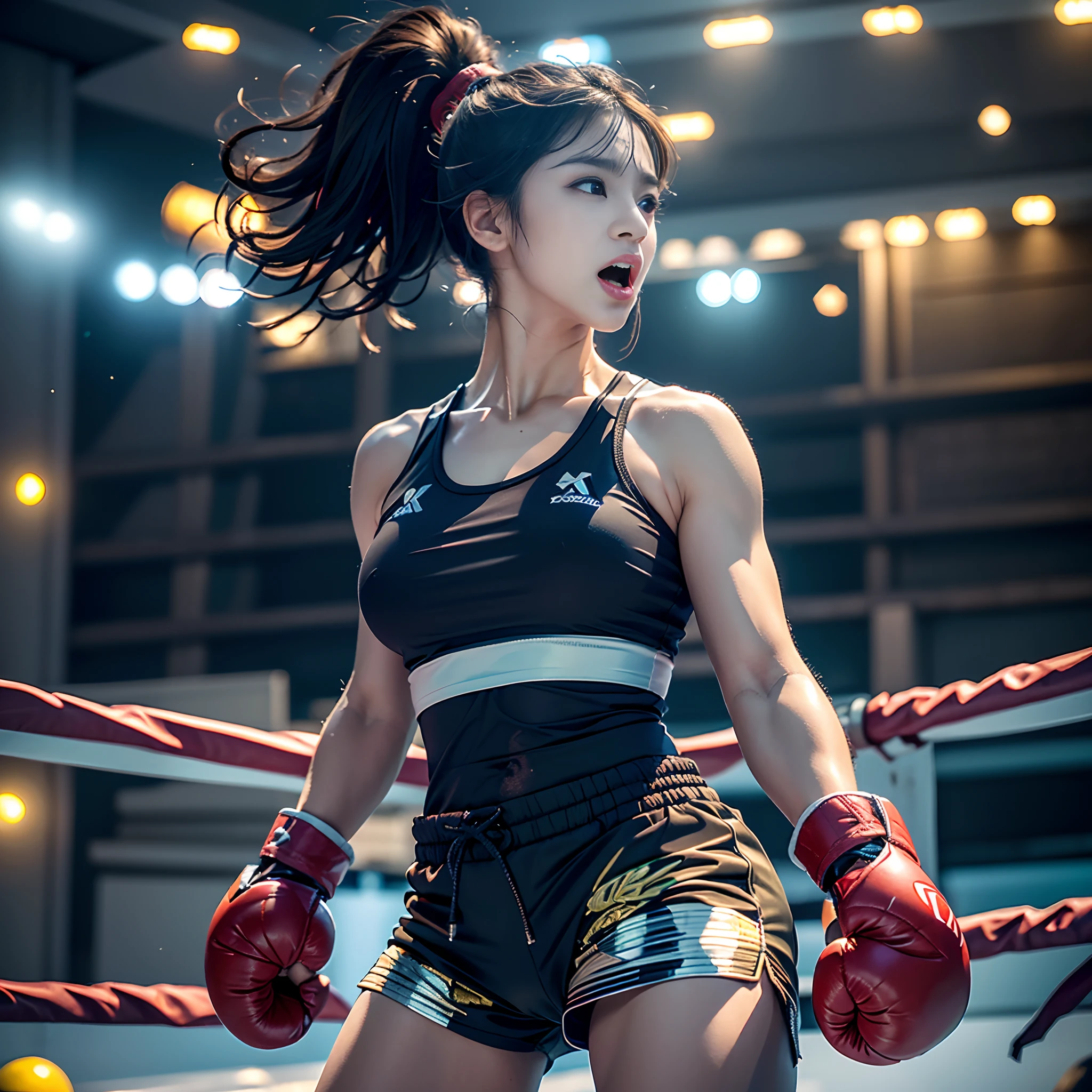 8k, best quality, masterpiece, realistic, real person, Unity 8k wallpaper, (1 girl) , Beautiful eyes, (Delicate face) , Perfect detail, (best lighting) , (super complex details) , (boxing girl) , (sexy), sweat, heavy breathing, ((screaming with big mouth open))))(oppressive aggression) , (boxing ring), athletic shorts, perfect detail, perfect fingers, perfect limbs, impact, (shiny skin), abs, muscles, big tits, waistline,boxing shorts, fist fight, black hair, high ponytail, very long hair, 4k unified, (super detail cg: 1.2), (8k: 1.2), realistic, octane rendering, (((martial arts tournament at the Greek Colosseum))), sunshine strong, audience seats are super full
