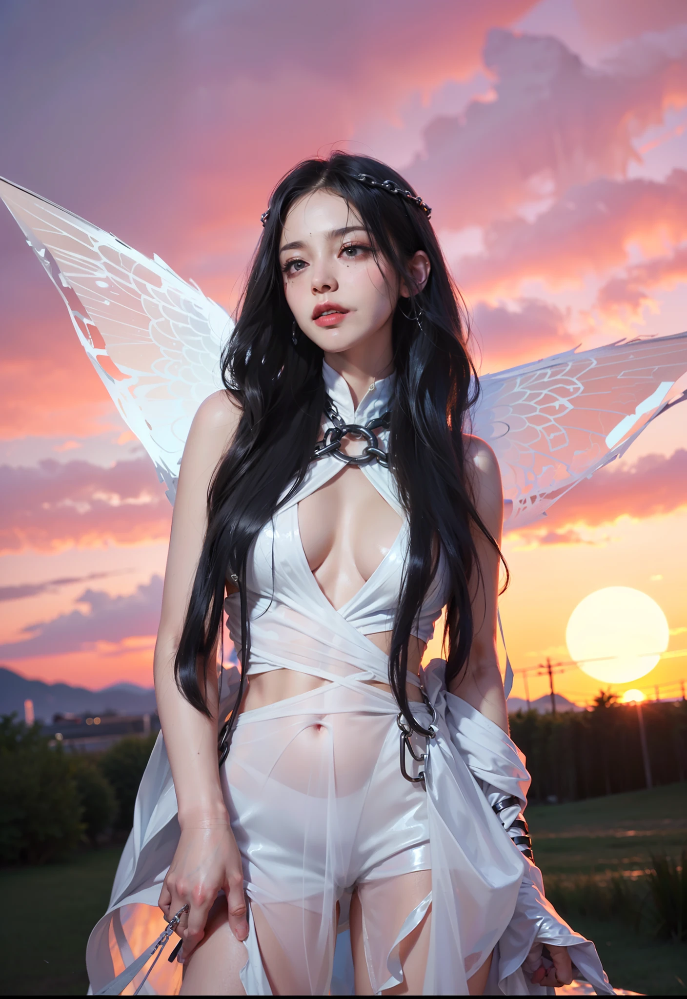 ,((Wearing a torn sheer costume of a superheroine)),(, No bra)), Wet crotch, Wet thighs, Beautiful girl with accentuated slender abs: 1.4, (((nipple tips protruding, areola is protruding, The shape of the pubic region is clearly visible)), sixpack abs: 1.4, Bust Botox, Photo, Sharpness, Unique 850 4, Koda850 k portrait camera, F1.6 shots, Ultra-realistic textures, Spectacular light textures, Cinestil 800 Fashion Mechanics, (futuristic sci-fi battle fashion: 1.1), (tied perfectly by chain), Restraint, Slaves, collars, ((wide prison with sunlight)), Dark fantasy, Realistic material details, extreme hight detail, Ultra-realistic materials ((Torn costume))), Wet, Cloudy, (Chained)), ((big emphasized by chains)), ((chains digging into crotch)), ( (Collar)), (, No bra), shredded costumes, broken golden shields and battle spears,, White combat gloves, Combat shoulder armor, Blood splattered on the face, Blood splattered, Realistic, (Bruises, Dirty, ripped clothing, skimpy clothing, Blood: 1.3),  Torn Cape, Torn pantyhose, Long legs, ((iron pipe in the crotch)), Metallic shackles and fetters, ((chains hung from heaven)), Wet crotch is clearly visible, Swarovski's sword and the anatomy beneath his feet, (futuristic sci-fi battle fashion, Torn mesh stockings)，
