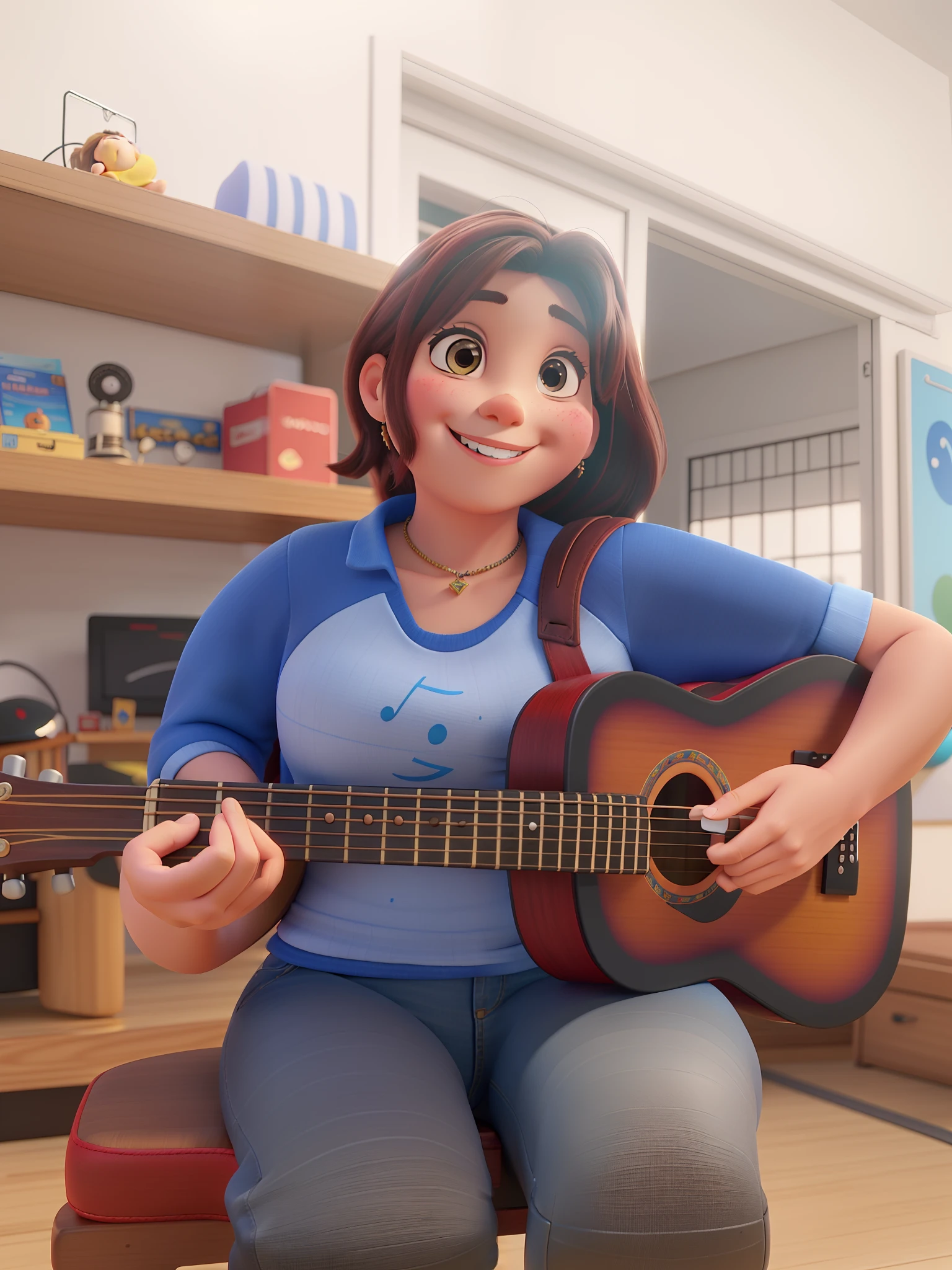 Uma mulher gordinha, Sitting with a guitar, sorrindo, estilo Disney Pixar, alta qualidade, melhor qualidade.