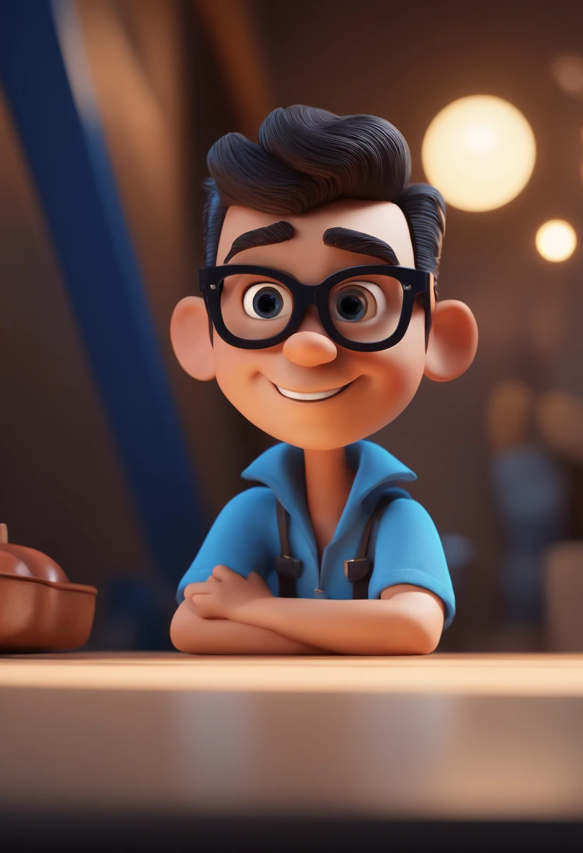 Cartoon character of a man with black glasses and a blue shirt, animation character, Caractere estilizado, animation style rendering, 3D estilizado, Arnold Maya render, 3 d render stylized, toon render keyshot, Personagem 3D, Personagem 3D, 3d rendering stylized, 3 d character render, personagem de desenho animado, Personagem de close up, Pose de personagem,  (Estilo Pixar) (master part:1.2) (Bokeh) (best quality) (pele detalhada) (textura detalhada) (8k) (argila) (Cinematic lighting) (foco nítido