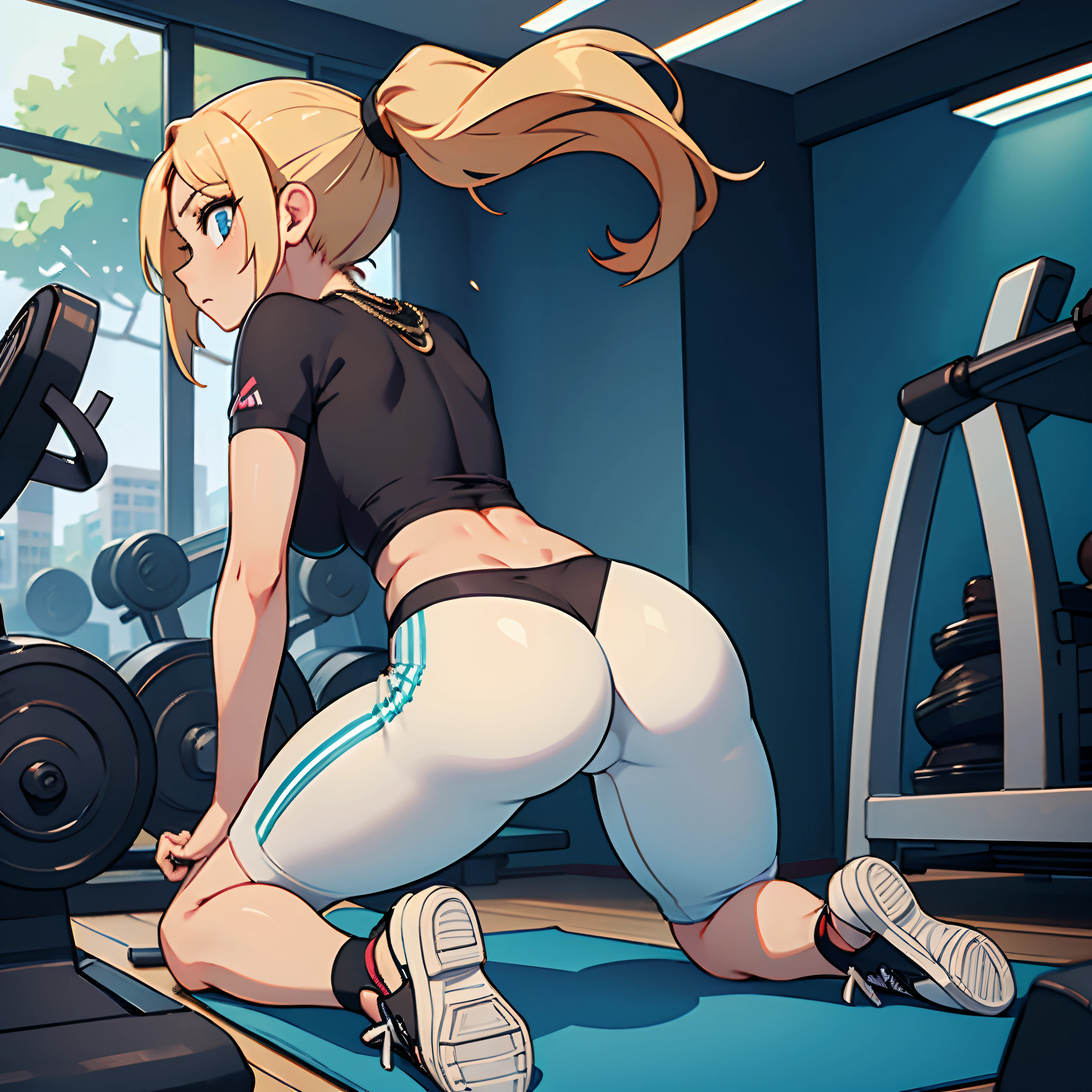(masterpiece), 8k, detailed eyes, perfect eyes, long legs, kneeling
ponytail blonde hair, (medium breast), perfect face, expressive eyes, eyeliner, necklace, sneakers, perfect butt, hourglass body
BREAK
yoga pants, inside gym, back view,