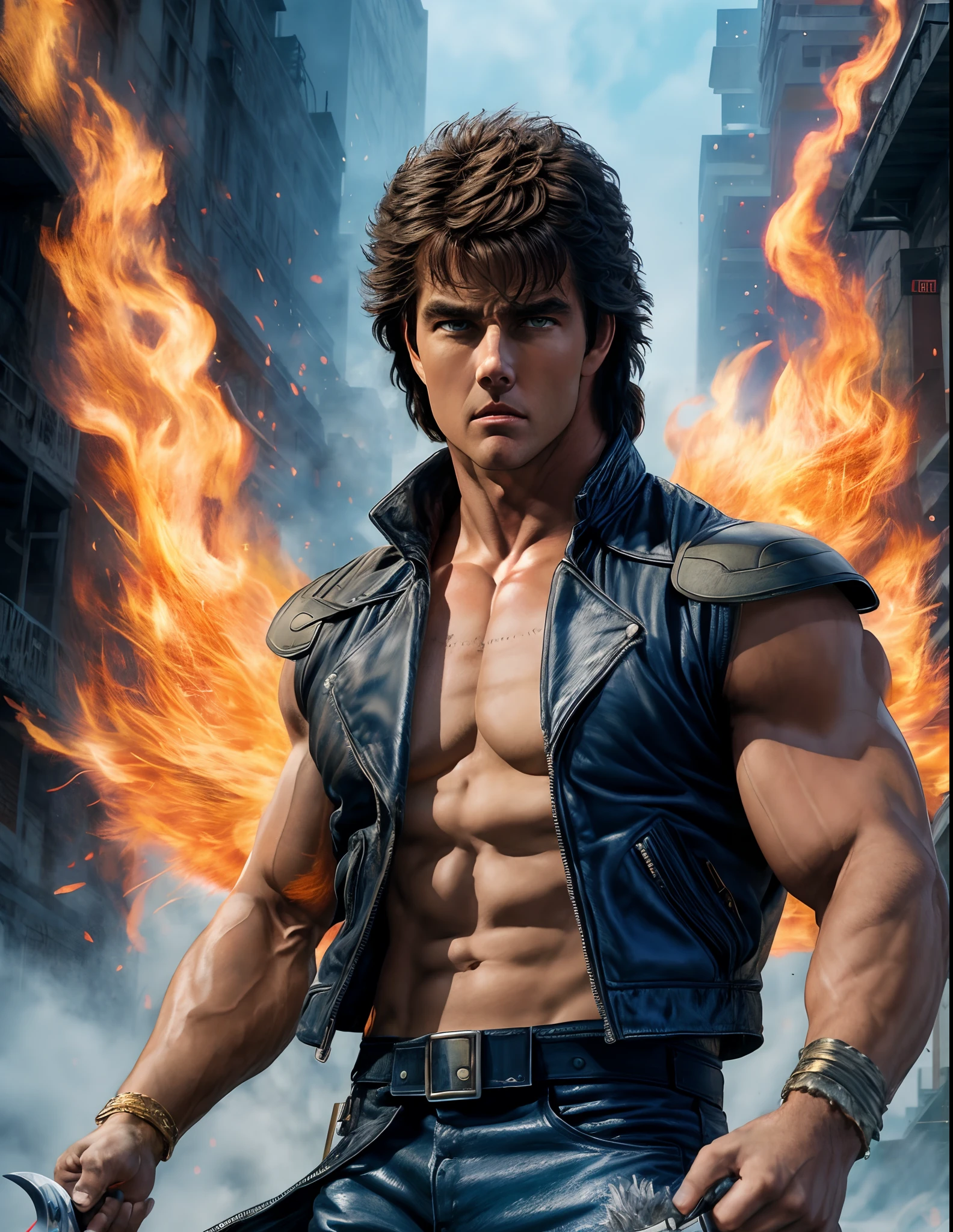 imagem arafed de um homem com uma espada em uma cidade, Tom Cruise como Kenshiro, badass anime 8 k, arte de fundo, como personagem em tekken, fan art, arte do personagem o contra, kaladin stormblessed, Personagem de King of Fighters, Serious Sam como Smash Personagens, sem texto, arte de fantasia urbana estilizada, hero