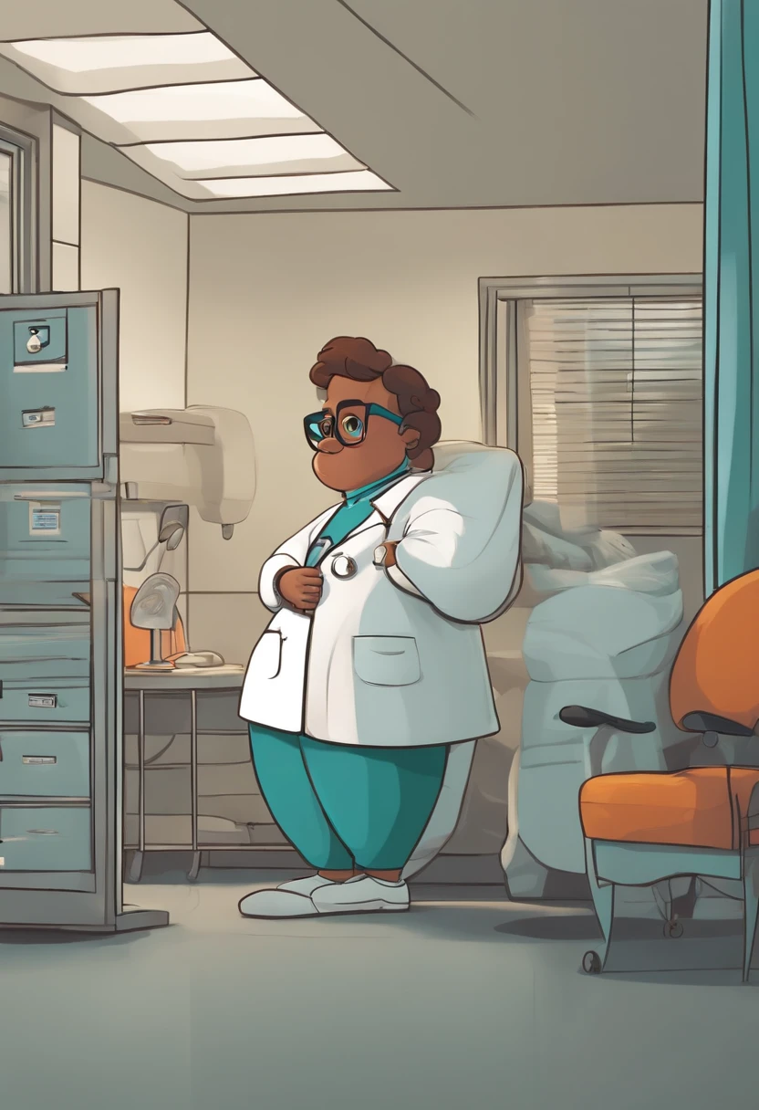 Criar um personagem no estilo pixar dentro de um jaleco. White character in glasses. E um hospital ao fundo.