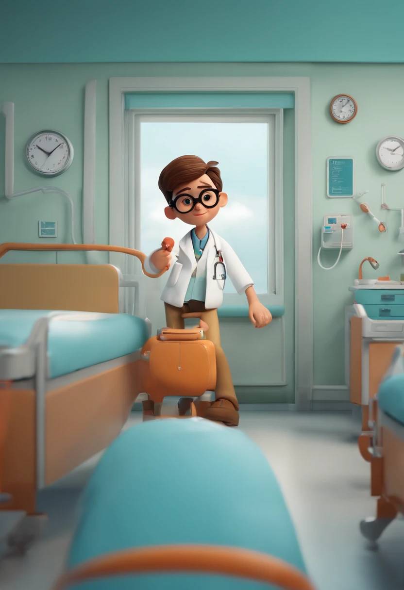 Criar um personagem no estilo pixar dentro de um jaleco. White character in glasses. E um hospital ao fundo.