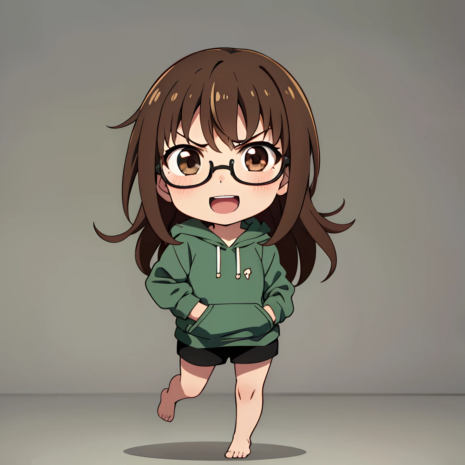 (Chibi:1.3), Best Quality, 1 girl, Solo, Standing, Simple background, Green hoodie, Black shorts, Barefoot, Brown Long Hair, Brown eyes, Smile, Open mouth, Black-rimmed glasses, angry