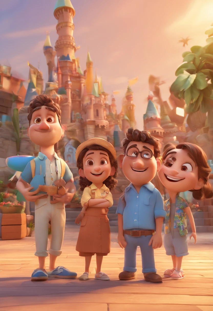 Family drawing having fun on vacation together, man with black hair, woman with long hair, three children, a 9 year old girl, a 6 year old boy and a baby 3D animation film poster, Animated film poster, pixar 3 animation style d, pixar renderman rendering, Mayan 8 mil, animated film, Disney Pixar 3D Style, happy friends hang out together, all wearing light blue shirts and cream brown long pants, light blue shirt, cream brown pants, outdoors, vacation, Disney Pixar Animation Poster