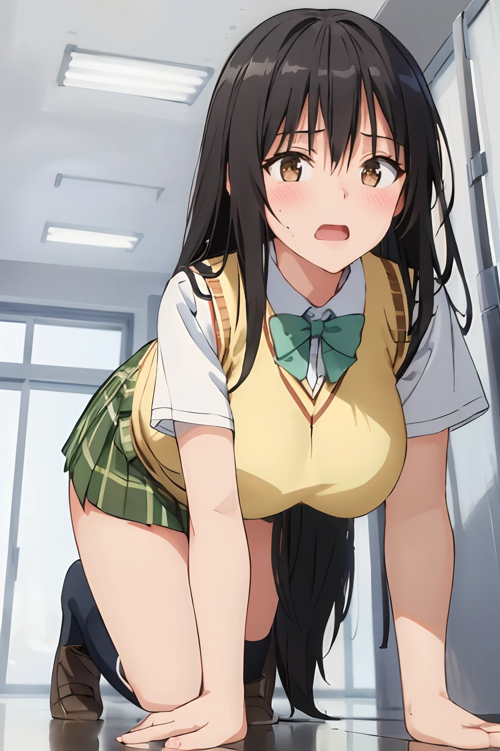 (masterpiece, best quality:1.2),illustration,8k,hd,1girl,solo,upper body,(portrait:1.2),blush, open mouth, shy, black hair, brown eyes, long hair, bangs, hair between eyes, school uniform, bow, breasts, sweater vest, green skirt, socks, knee highs, short sleeves, plaid skirt, pleated skirt, white panties, white bra, (((from behind))), (((from below))), ((full body)), all fours, (((crawl on all fours))), corridor, ((kneel down))