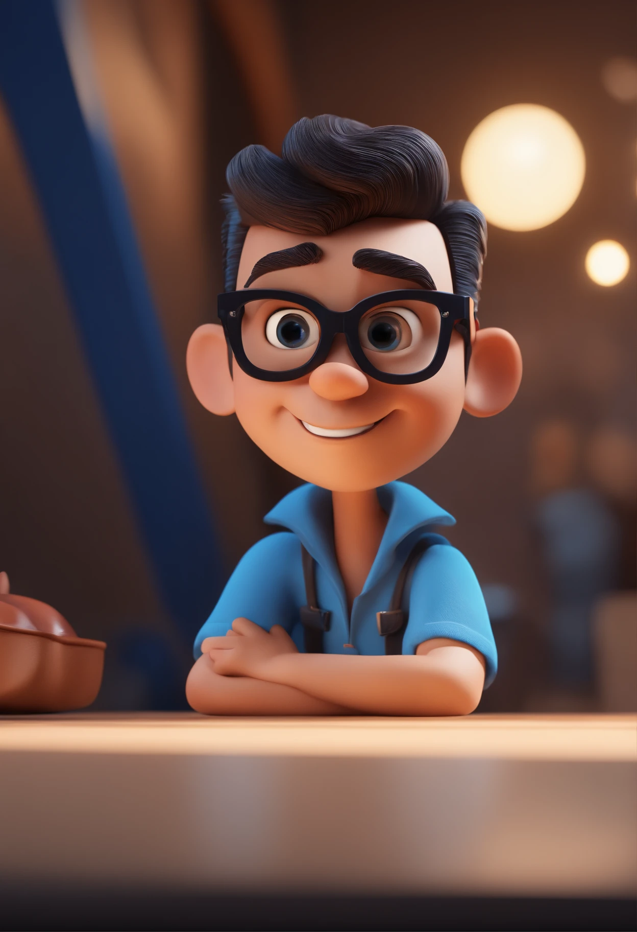 Cartoon character of a man with black glasses and a blue shirt, animation character, Caractere estilizado, animation style rendering, 3D estilizado, Arnold Maya render, 3 d render stylized, toon render keyshot, Personagem 3D, Personagem 3D, 3d rendering stylized, 3 d character render, personagem de desenho animado, Personagem de close up, Pose de personagem, (Estilo Pixar) (master part:1.2) (Bokeh) (best quality) (pele detalhada) (textura detalhada) (8k) (argila) (Cinematic lighting) (foco nítido
