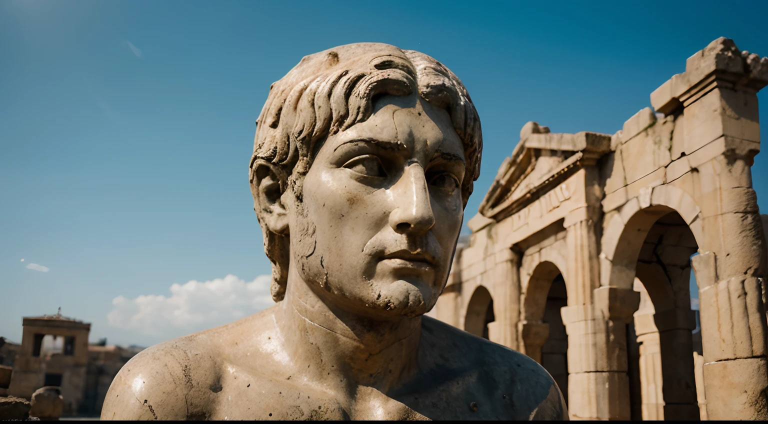 Ancient Stoic Statue With Very Angry Expression, tem barba, muitos detalhes em ambos os olhos, Outside, fundo atenas grego, open sky, com rosto extremamente detalhado full body view, Colors with low saturation with dark tone, Filmado em Sony A7S III com Sony FE 35mm f/1.8, 12.1 MP, --AR 3:2 --estilo cru