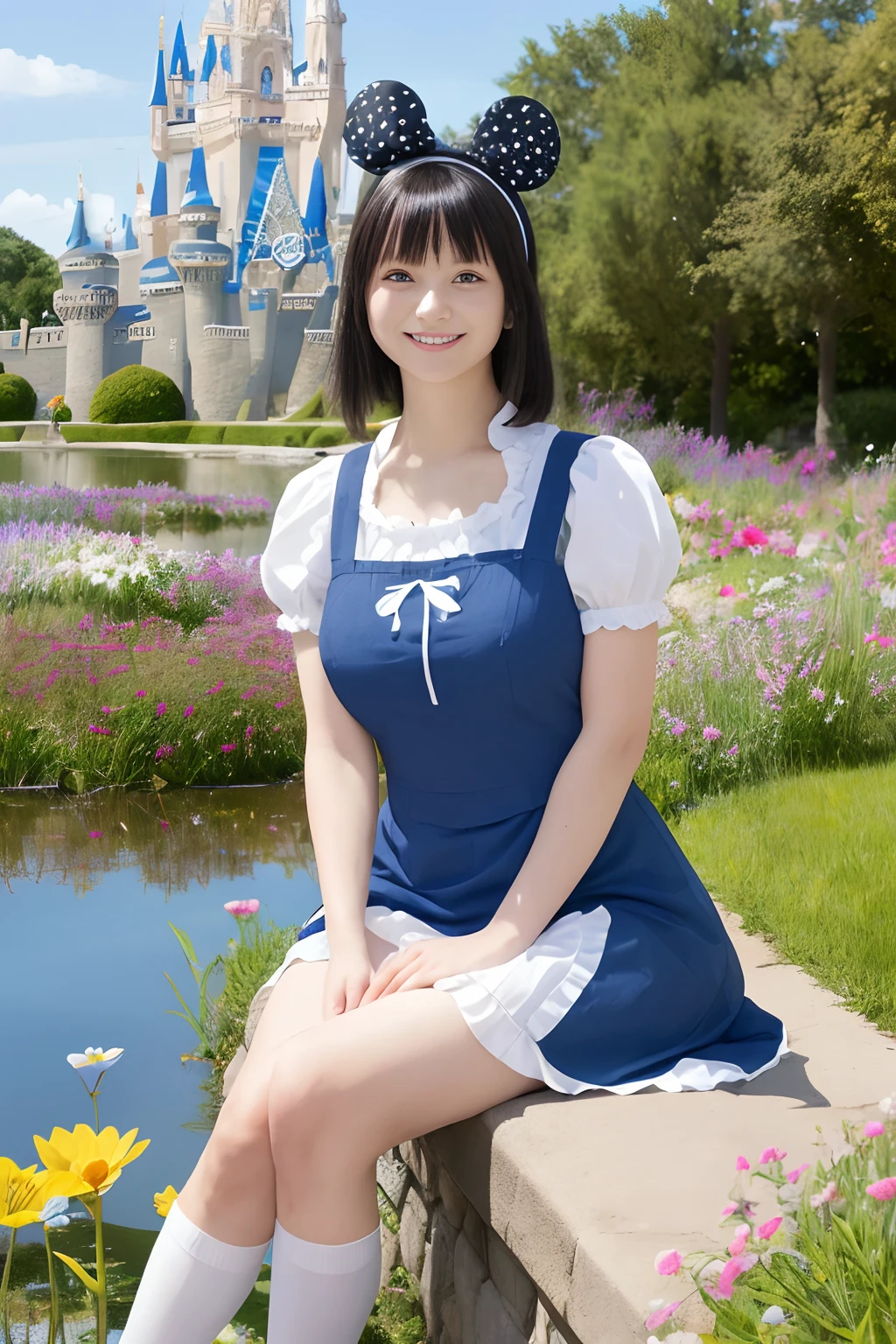 (masutepiece), (Best Quality), (Extremely detailed), alice liddell, Blue Dress, White Apron, black hairband, White long socks, Cute Pose, In the flower garden, (pond), (((disney castle in background))), (Blue sky), (A clear day), 。.3D. Illustration, Good Highlights, Perfect proportions, Dynamic, Professional, awardwinning, (High detailed skin), (high detailed face), Photorealistic, nffsw, 超A high resolution, absurderes, Perfect body shape, cute smile face