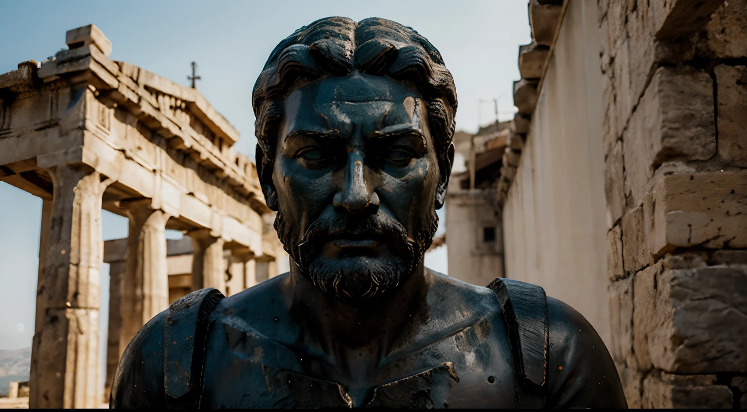 Ancient Stoic Statue With Very Angry Expression, tem barba, muitos detalhes em ambos os olhos, Outside, fundo atenas grego, open sky, com rosto extremamente detalhado full body view, Colors with low saturation with dark tone, Filmado em Sony A7S III com Sony FE 35mm f/1.8, 12.1 MP, --AR 3:2 --estilo cru