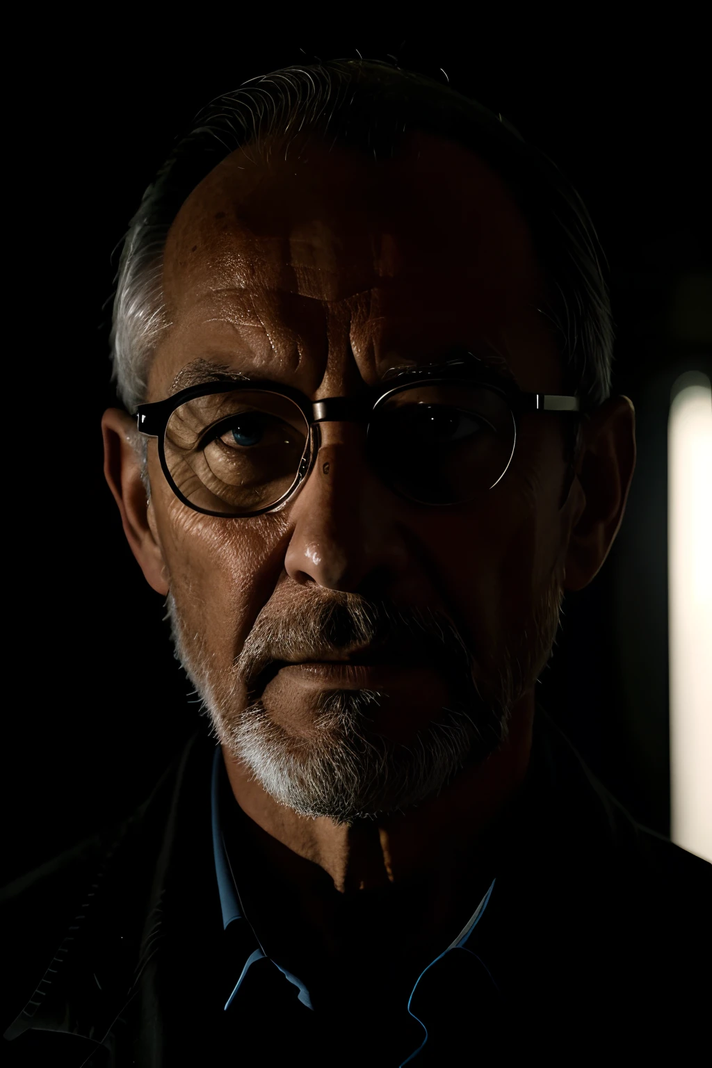 Portraiture, portraite of a, Cinematic shot, Silhouette of the head of a frail man in 40 years old in the dark, Man with glasses, You can't see your face, face hidden, Holding His Head