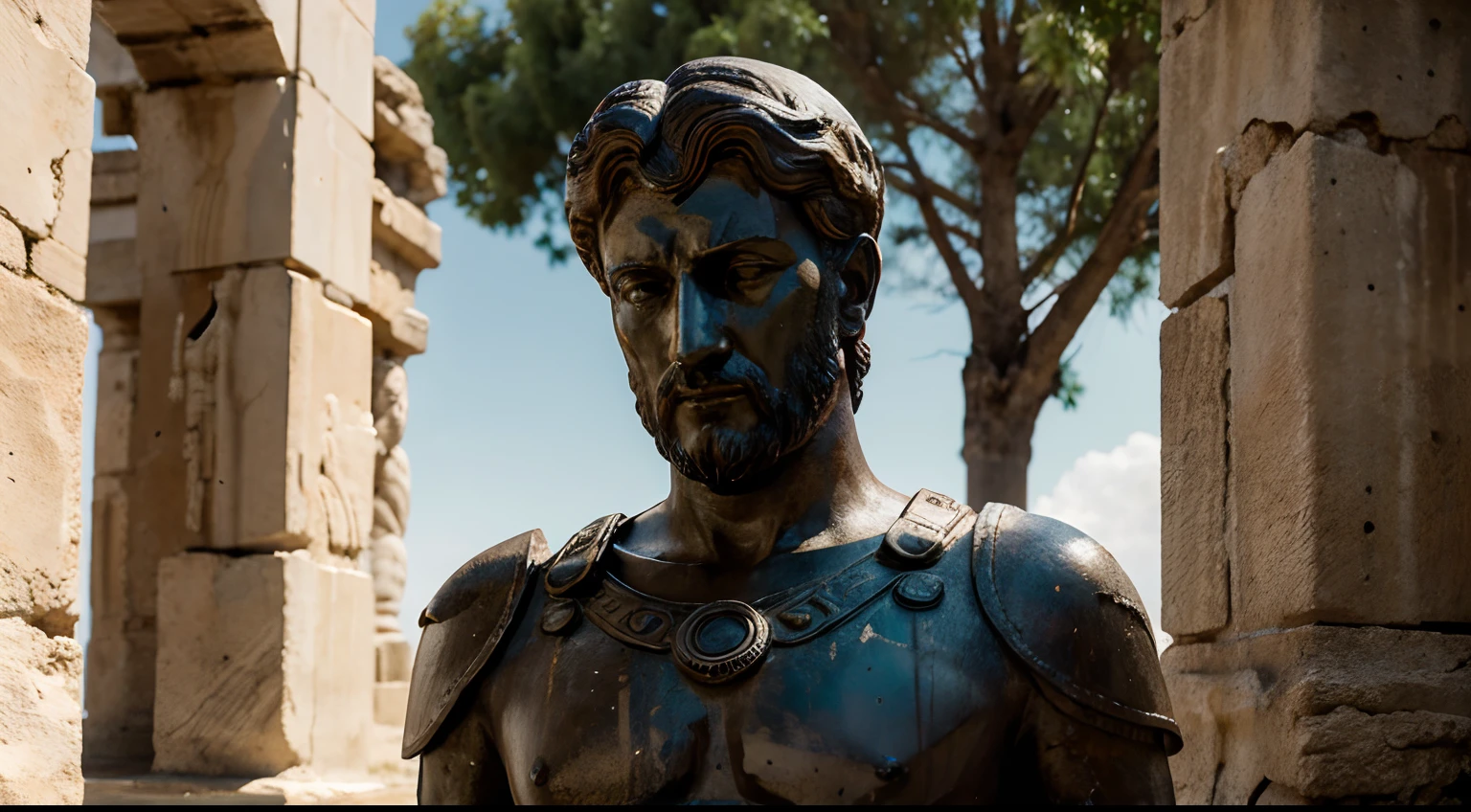 Ancient Stoic Statue With Very Angry Expression, tem barba, muitos detalhes em ambos os olhos, Outside, fundo atenas grego, open sky, com rosto extremamente detalhado full body view, Colors with low saturation with dark tone, Filmado em Sony A7S III com Sony FE 35mm f/1.8, 12.1 MP, --AR 3:2 --estilo cru