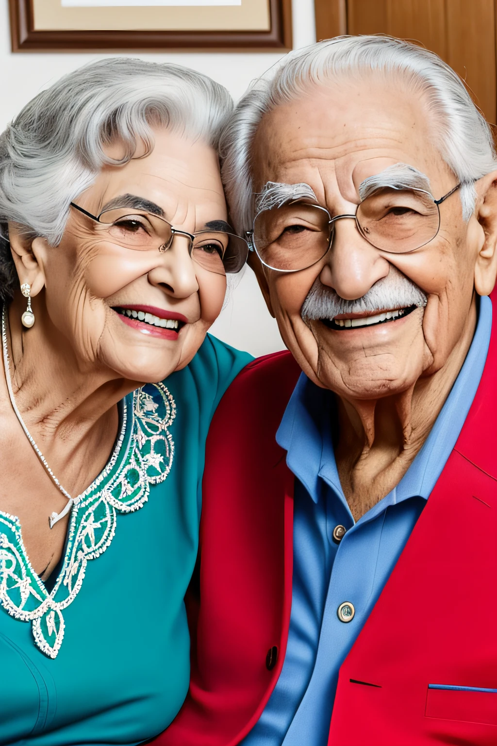 casal de velhinhos com 90 anos de idade, expressando amor e humor, humorous, casal de velhos. OLHANDO PARA A CAMERA, DENTRO DE UMA BELA CASA