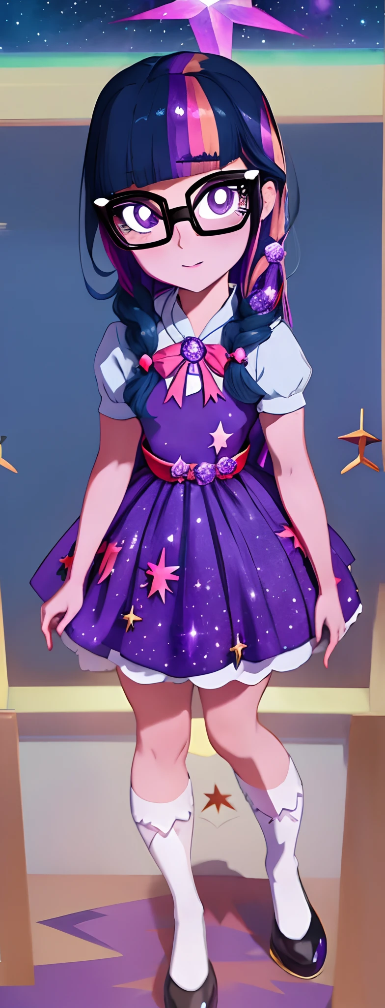 a close up of a cartoon girl in a dress and glasses, wearing star filled mage robes, astral witch clothes, wearing a dress made of stars, twilight sparkle, astral dress, magical dress, star sparkle, magic school uniform, in a dress, star butterfly, magic uniform, fantasy dress, in a space cadet outfit, dark astral dress, lunar themed attire, equestria girls