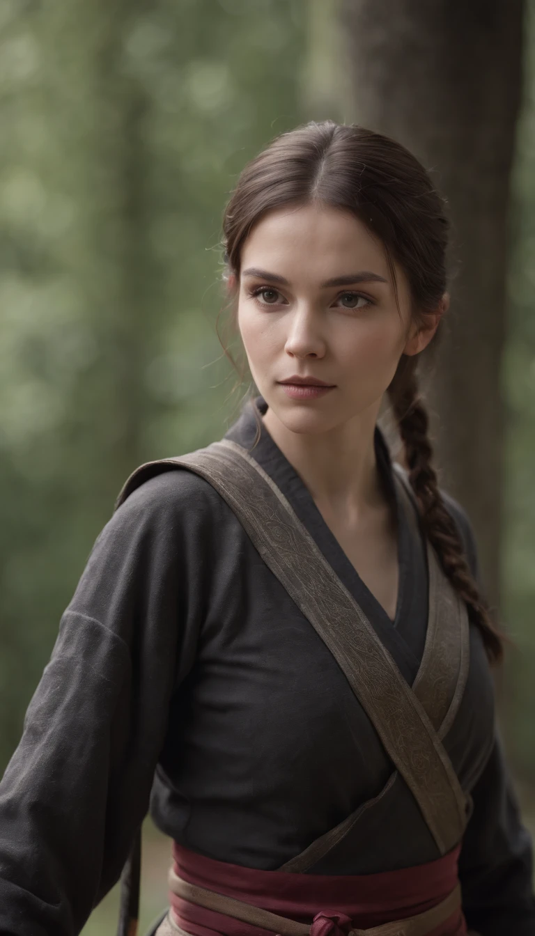 Self-portrait of a woman, ighly detailed, best qualtiy, Match with ninja costume, (((Equipped with a sword))),  ighly detailed, As Sasha Street. (8K, Superior Quality, best qualtiy, tmasterpiece, ighly detailed: 1.2), (((Low arm posture, Both hands are lowered)))