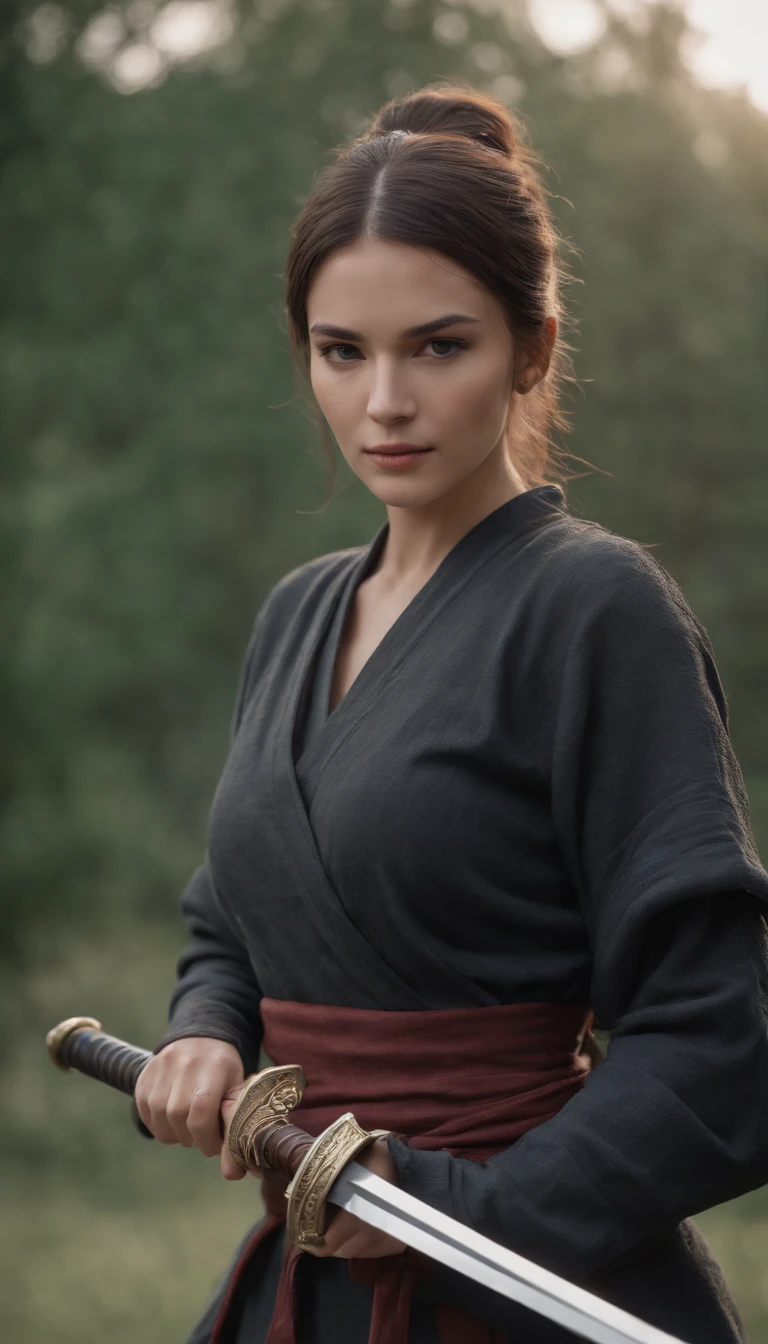 Self-portrait of a woman, ighly detailed, best qualtiy, Match with ninja costume, (((Equipped with a sword))), ighly detailed, As Sasha Street. (8K, Superior Quality, best qualtiy, tmasterpiece, ighly detailed: 1.2), (((Low arm posture, Both hands are lowered)))