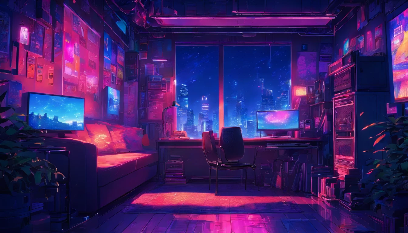 Music study room,dim room, Noche, ordenador, teclado, auricular, Monitorizar el altavoz, Small Lights, fondo, sofa, lluvia, cielo nocturno, Ciudad Nocturna, absurdos, cyberpunk, A high resolution, ultrasharp, 8k, Obra maestra