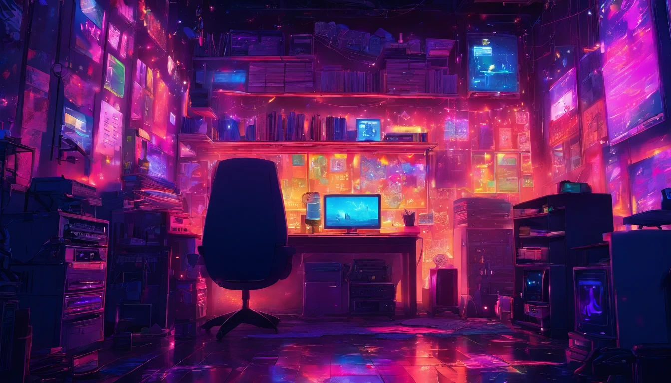 Music study room,dim room, Noche, ordenador, teclado, auricular, Monitorizar el altavoz, Small Lights, fondo, sofa, lluvia, cielo nocturno, Ciudad Nocturna, absurdos, cyberpunk, A high resolution, ultrasharp, 8k, Obra maestra