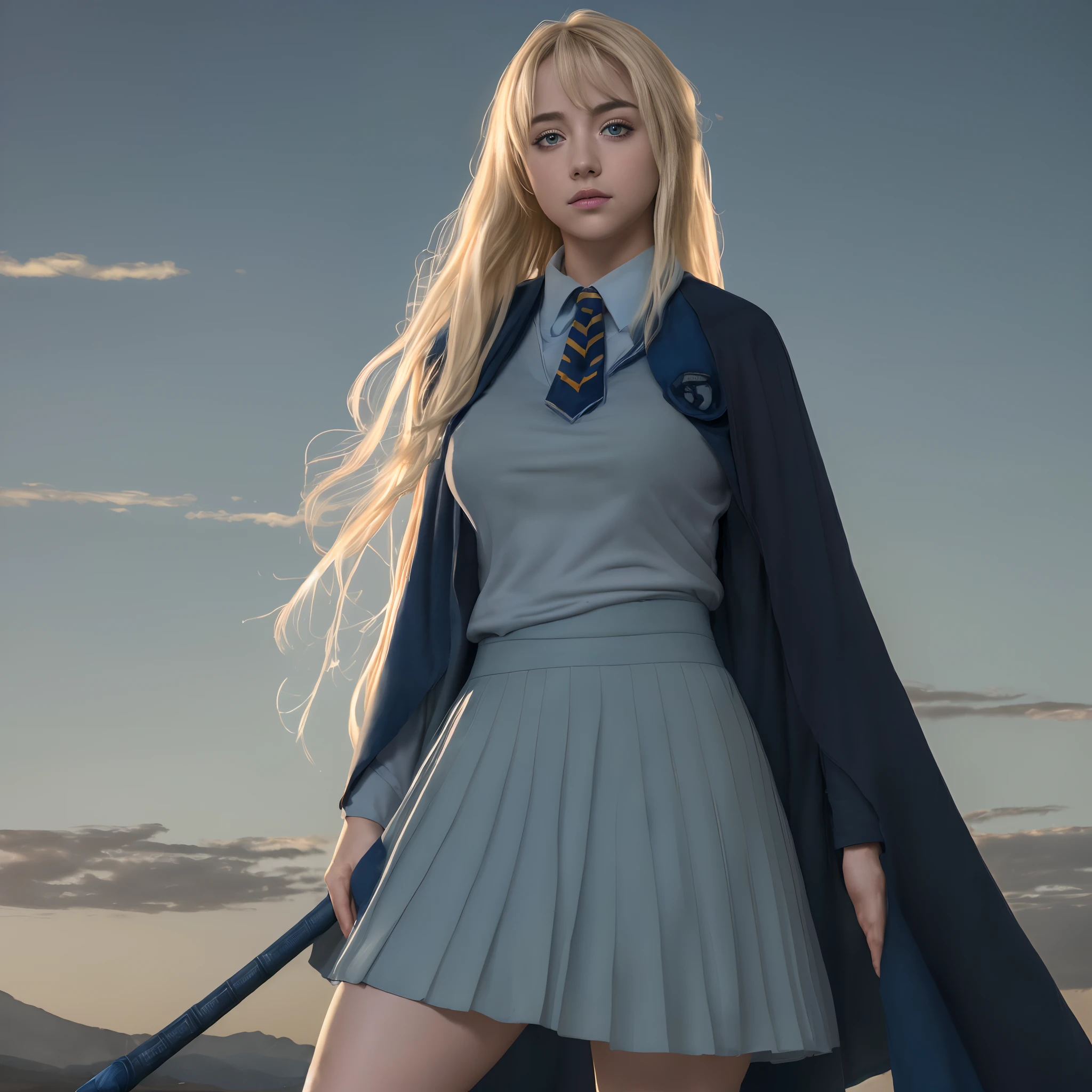 (far wide shot:1.5), a beautiful picture of luna, wearing  a uniform, (full figure:1.5), masterpiece, photorealistic, detailed, 4k, HDR, backlighting, bloom, light, RAW color photo, soft skin, blonde, detailed face, blue eyes, striped scarf, short pleated skirt, black robe, medieval, hogsks, (Ravenclaw:1.4)