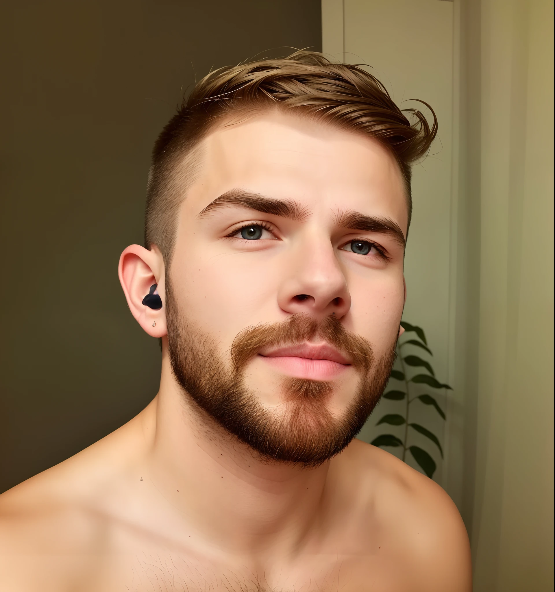 The caracter is a young guy about 25 yeas old, has a blond regular beard, which gives him a distinctive appearance. He has a oval face shape. brown eyes. A bit large nose. A beautiful mouth. His hair is blond, shaved in both lateral, and with a topknot in the front. His facial expression suggests that he is attentive. He also is wearing a astronaut trage.