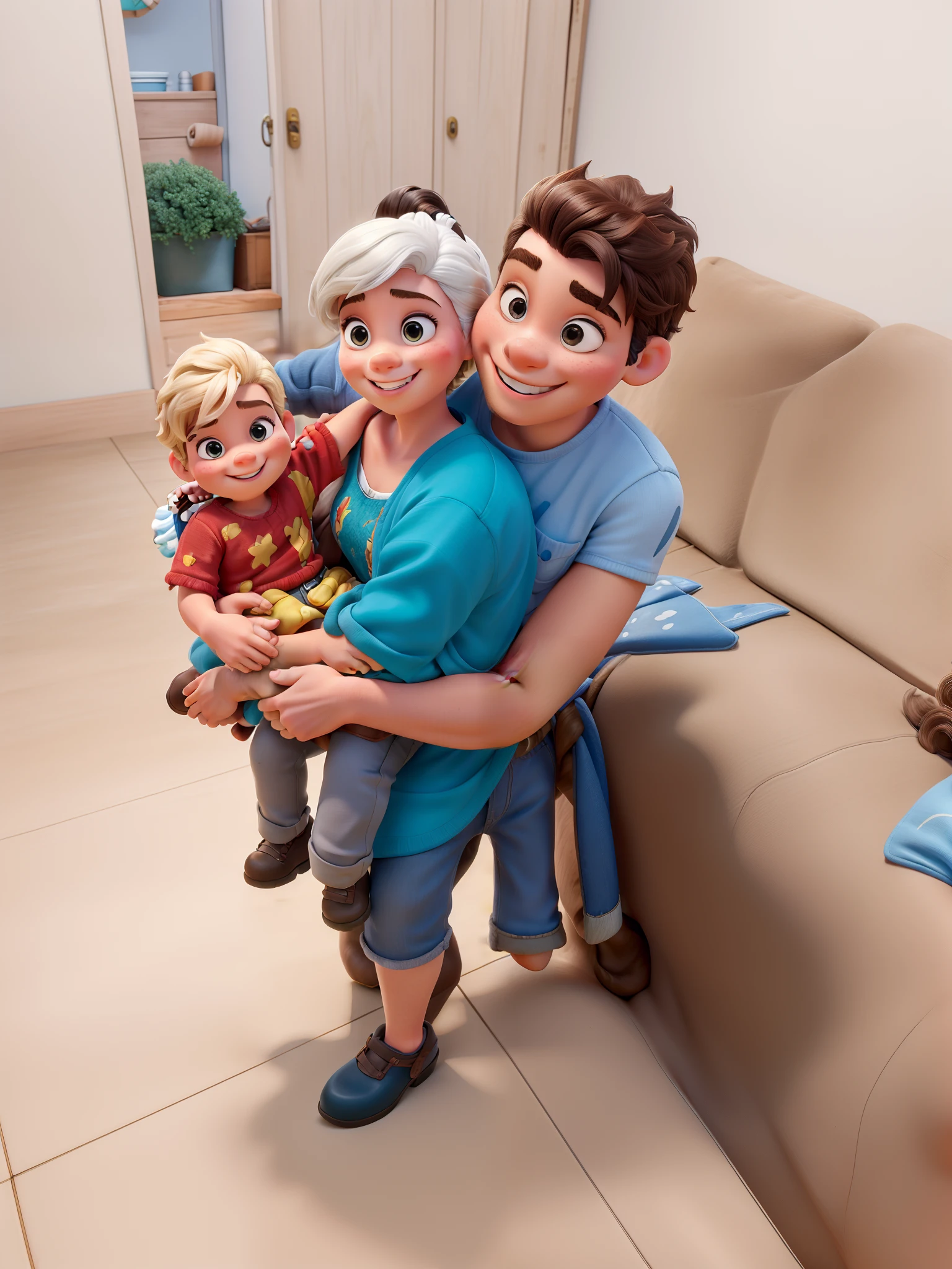Uma mulher com cabelo loiro e rabo de cavalo, um menino loiro, Holding a smiling boy on his lap Disney Pixar style, alta qualidade, melhor qualidade