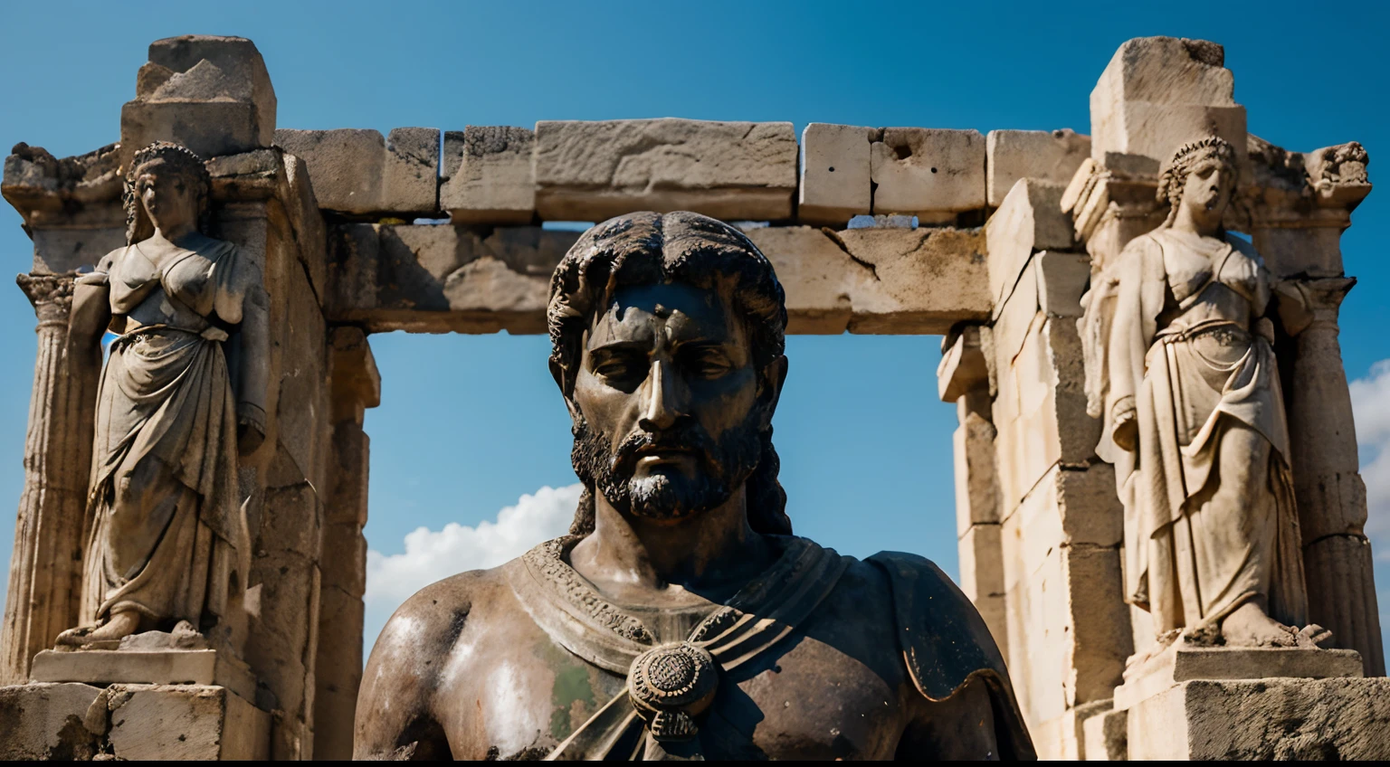 Ancient Stoic Statue With Very Angry Expression, tem barba, muitos detalhes em ambos os olhos, Outside, fundo atenas grego, open sky, com rosto extremamente detalhado full body view, Colors with low saturation with dark tone, Filmado em Sony A7S III com Sony FE 35mm f/1.8, 12.1 MP, --AR 3:2 --estilo cru