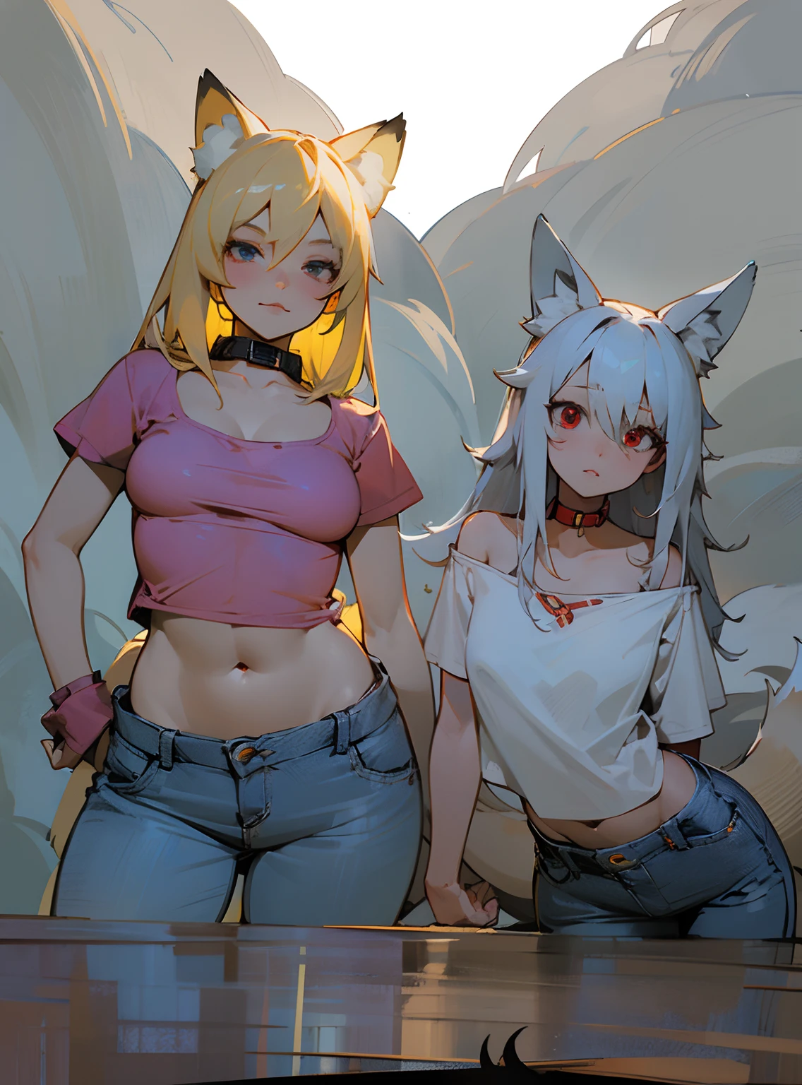 2 females, The Fox and the Wolf, Furry, beastman, animal hair, tail, first round, topless, jeans, long pants, gloves, boots, dance