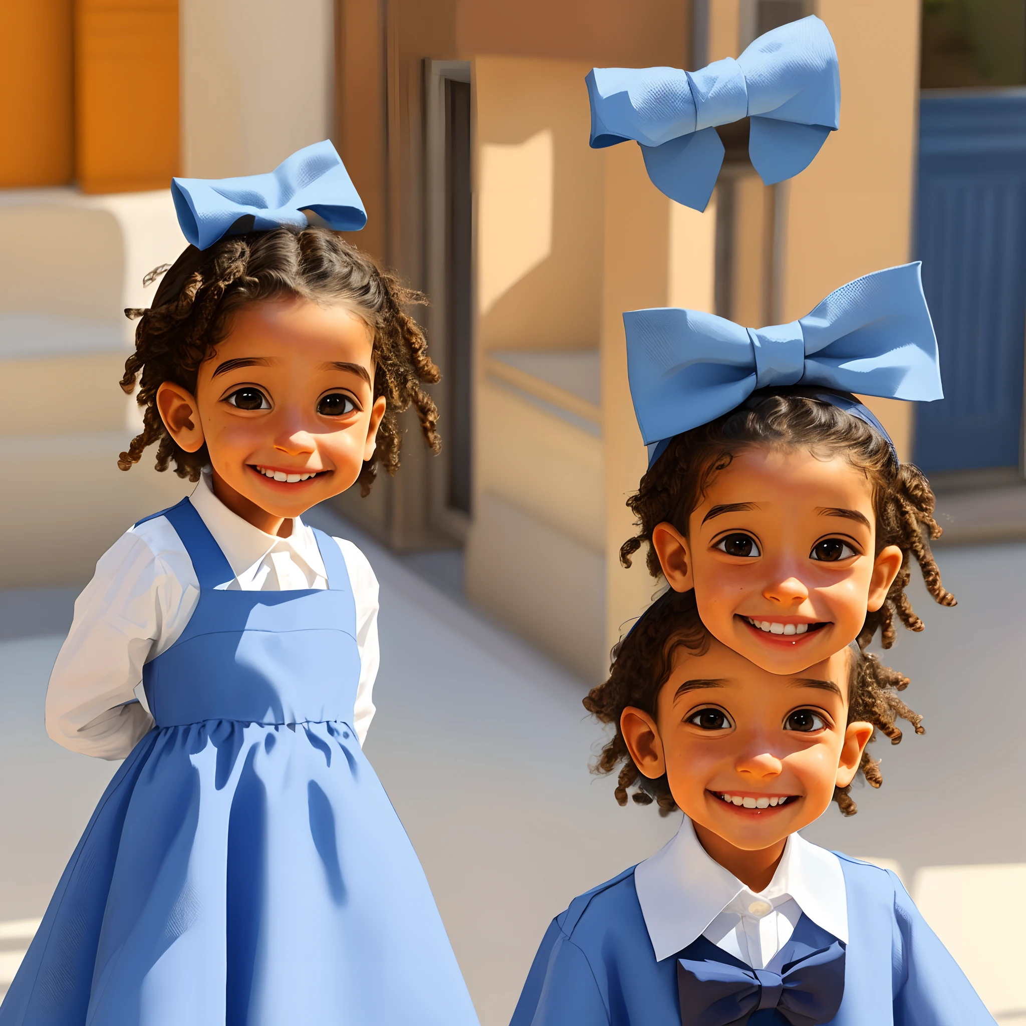 Menina  de 4 anos no estilo pixar com cabelo encaracolado, nariz pequeno e redondo, boca fina, Shy, brown-skinned smile l, Wearing a blue dress and bow tie on her head