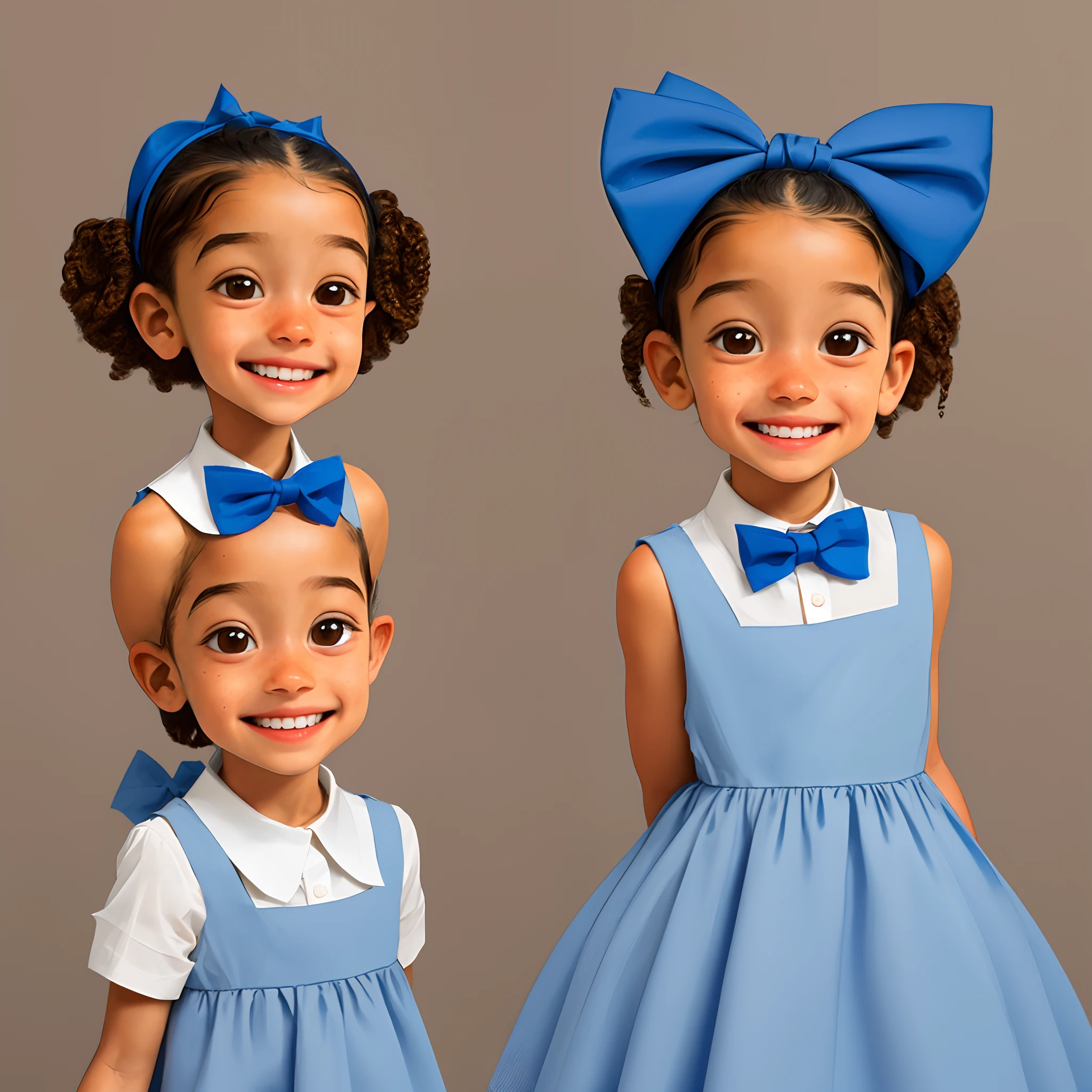 de 4 anos no estilo pixar com cabelo encaracolado, nariz pequeno e redondo, boca fina, Shy, brown-skinned smile l, Wearing a blue dress and bow tie on her head