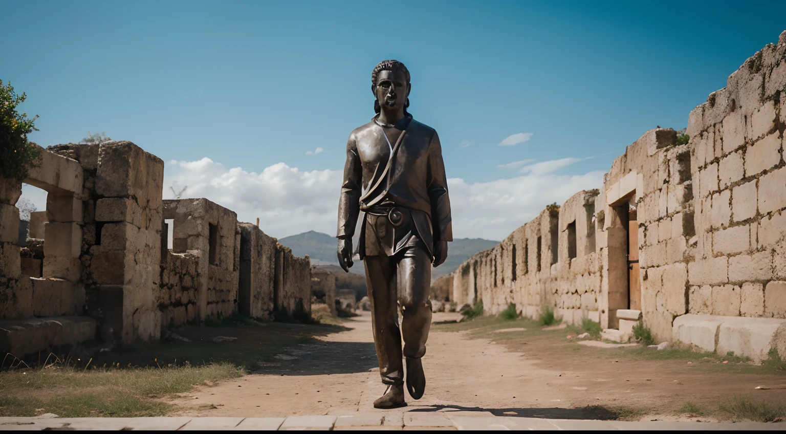 Ancient Stoic Statue With Very Angry Expression, tem barba, muitos detalhes em ambos os olhos, Outside, fundo atenas grego, open sky, com rosto extremamente detalhado full body view, Colors with low saturation with dark tone, Filmado em Sony A7S III com Sony FE 35mm f/1.8, 12.1 MP, --AR 3:2 --estilo cru