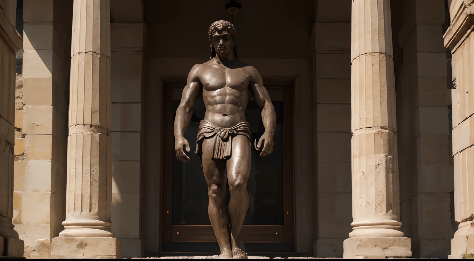 Ancient Stoic Statue With Very Angry Expression, tem barba, muitos detalhes em ambos os olhos, Outside, fundo atenas grego, open sky, com rosto extremamente detalhado full body view, Colors with low saturation with dark tone, Filmado em Sony A7S III com Sony FE 35mm f/1.8, 12.1 MP, --AR 3:2 --estilo cru