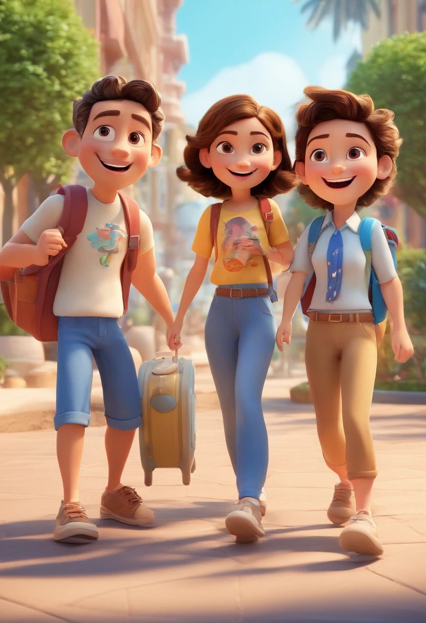 Cartoon of friends having fun on vacation together,  3D Animation Movie Poster, Poster de filme animado, pixar 3 d animation style, pixar renderman rendering, maia 8 mil, animated film, Disney Pixar Estilo 3D, amigos felizes saem juntos, all wearing light blue shirts and cream brown long pants, camisa azul clara, cream brown pants, ao ar livre, vacation, Disney Pixar Animation Poster