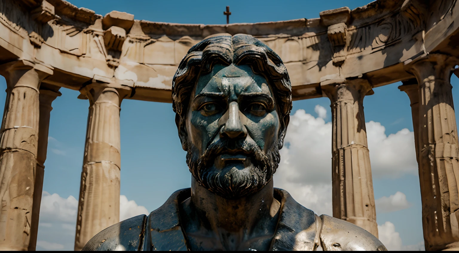 Ancient Stoic Statue With Very Angry Expression, tem barba, muitos detalhes em ambos os olhos, Outside, fundo atenas grego, open sky, com rosto extremamente detalhado full body view, Colors with low saturation with dark tone, Filmado em Sony A7S III com Sony FE 35mm f/1.8, 12.1 MP, --AR 3:2 --estilo cru