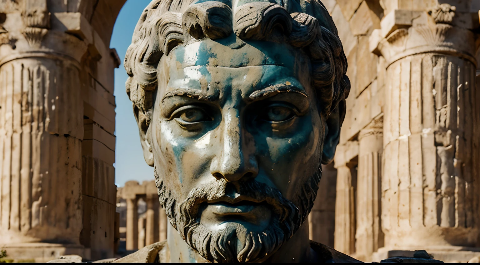 Ancient Stoic Statue With Very Angry Expression, tem barba, muitos detalhes em ambos os olhos, Outside, fundo atenas grego, open sky, com rosto extremamente detalhado full body view, Colors with low saturation with dark tone, Filmado em Sony A7S III com Sony FE 35mm f/1.8, 12.1 MP, --AR 3:2 --estilo cru