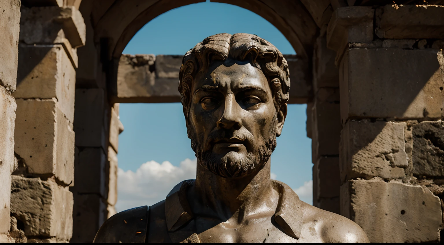 Ancient Stoic Statue With Very Angry Expression, tem barba, muitos detalhes em ambos os olhos, Outside, fundo atenas grego, open sky, com rosto extremamente detalhado full body view, Colors with low saturation with dark tone, Filmado em Sony A7S III com Sony FE 35mm f/1.8, 12.1 MP, --AR 3:2 --estilo cru