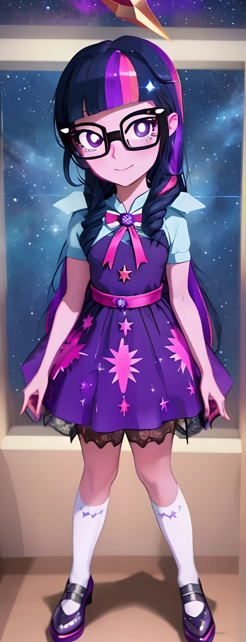 a close up of a cartoon girl in a dress and glasses, wearing star filled mage robes, astral witch clothes, wearing a dress made of stars, twilight sparkle, astral dress, magical dress, star sparkle, magic school uniform, in a dress, star butterfly, magic uniform, fantasy dress, in a space cadet outfit, dark astral dress, lunar themed attire, equestria girls