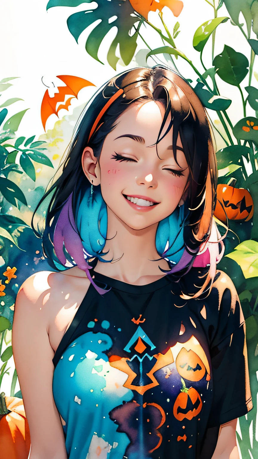 cute angel fairy cosplay costume, by Adam hughes, halloween background with pumpkins and bats, upper body centered, multi-color hair, closed eyes, big happy smile, watercolor art, watercolor painting, watercolor painting style, watercolor detailed art, watercolor digital painting, watercolor paint, masterfully detailed watercolor, watercolor art