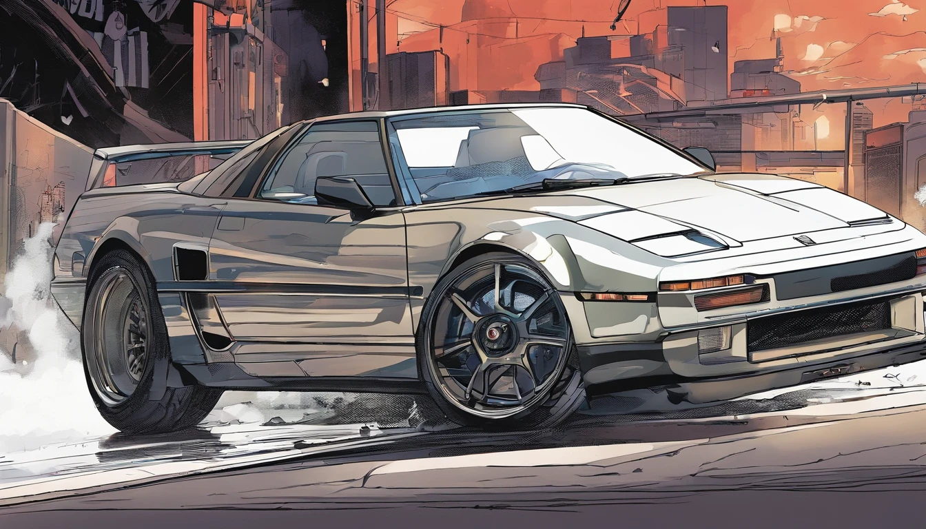 best quality, master part, fotografia, 4k, fotorrealista, altamente detalhado, A old Honda NSX, side view, Techwear, CIDADE CYBERPUNK, sozinho, Futuristic, preto e branco, Directed by: Akira Toriyama, ((1:Aspect Ratio Object 3:Background Story))