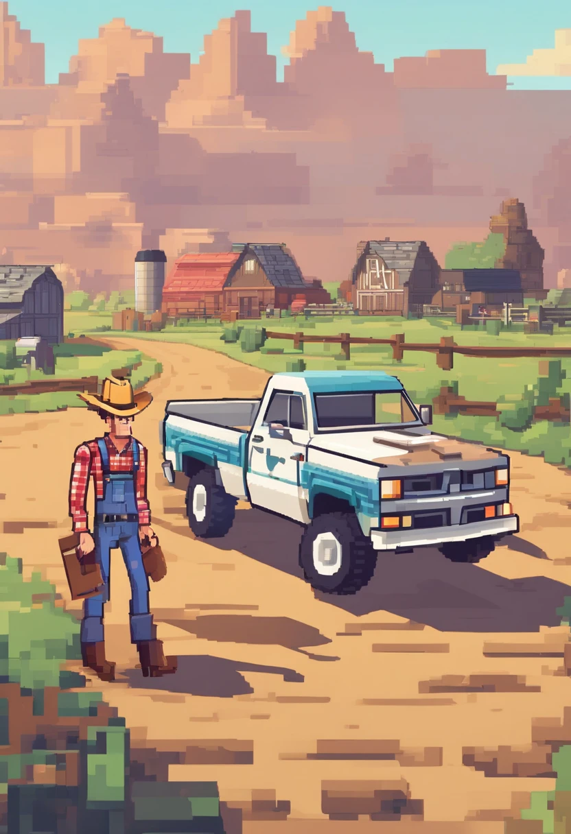 Cartoon character of a man with cowboy hat and a plaid shirt, with musculous body, in the farm with a dodge ram single cab, animation character, animation style rendering, Arnold Maya render, 3 d render stylized, toon render keyshot, 3d rendering stylized.