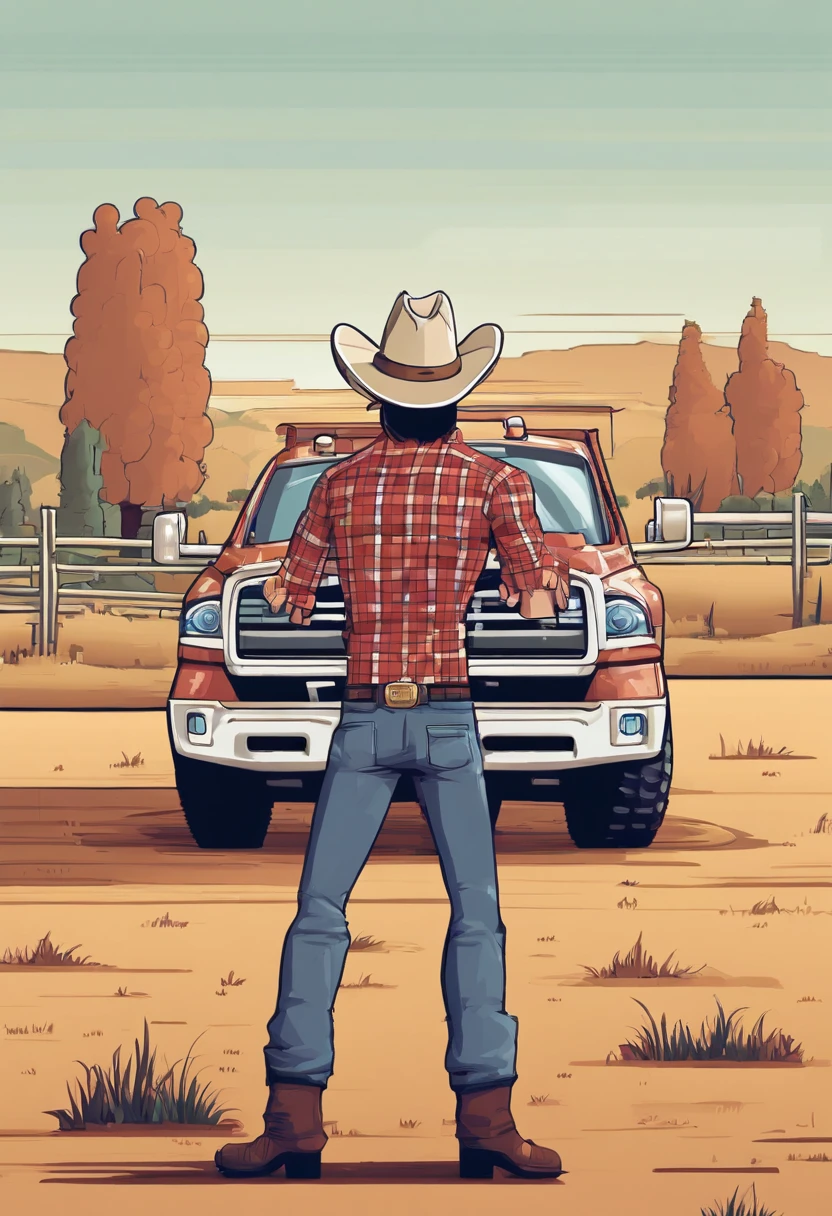 Cartoon character of a man with cowboy hat and a plaid shirt, with musculous body, in the farm with a dodge ram single cab, animation character, animation style rendering, Arnold Maya render, 3 d render stylized, toon render keyshot, 3d rendering stylized.